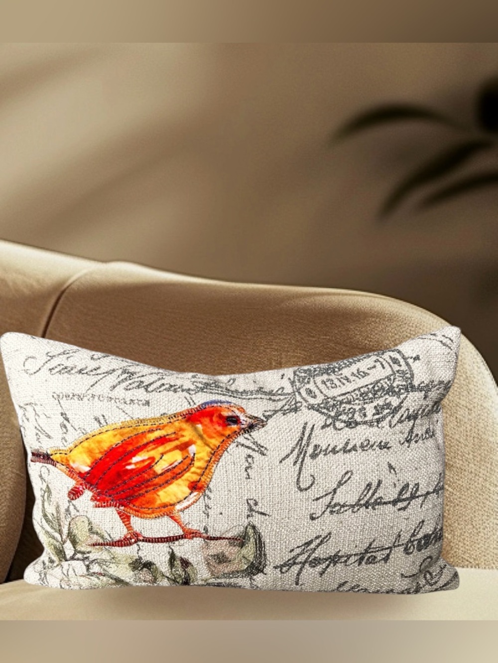 French Country Burlap Bird Vintage Postcard Style Accent Pillow
